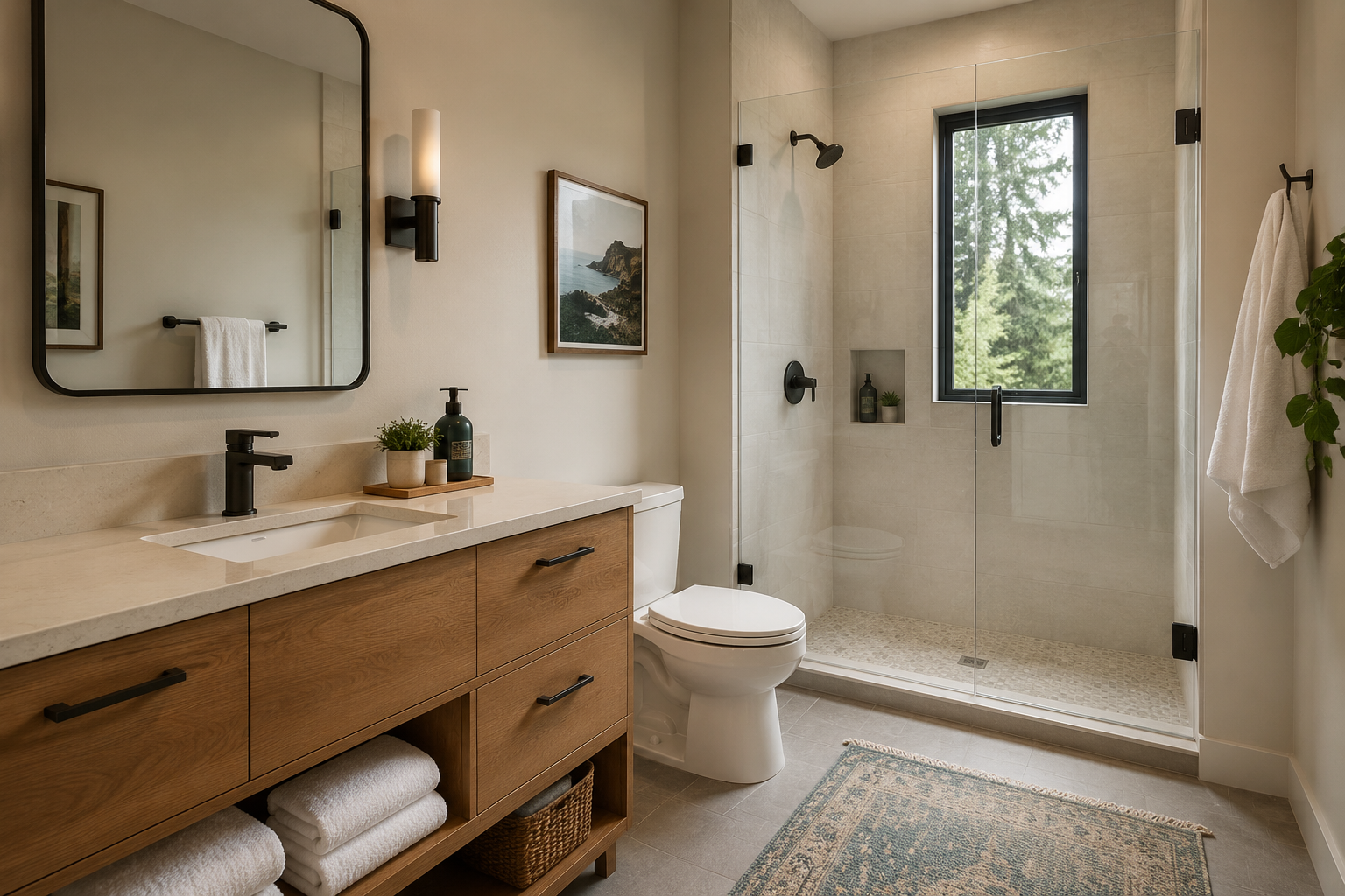Freshly cleaned short-term-rental bathroom with folded white towels, a warm wood vanity, and a spotless glass shower