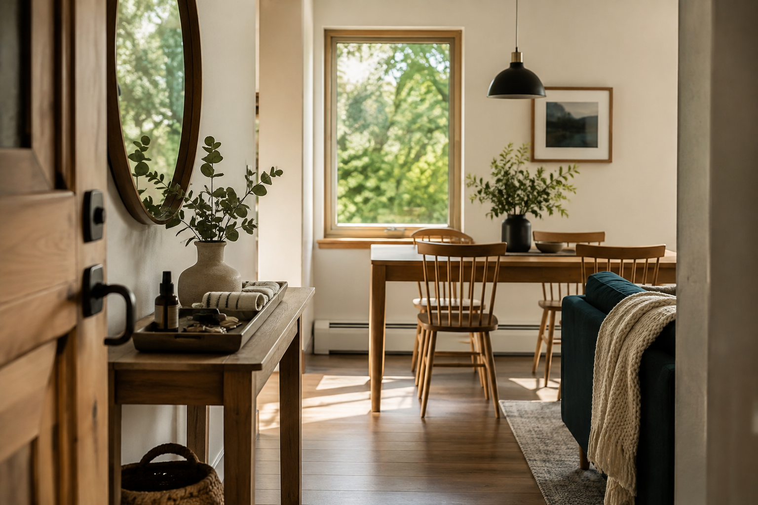 Arrival-ready guest space with a tidy entry console, set dining table, and sunlit living area