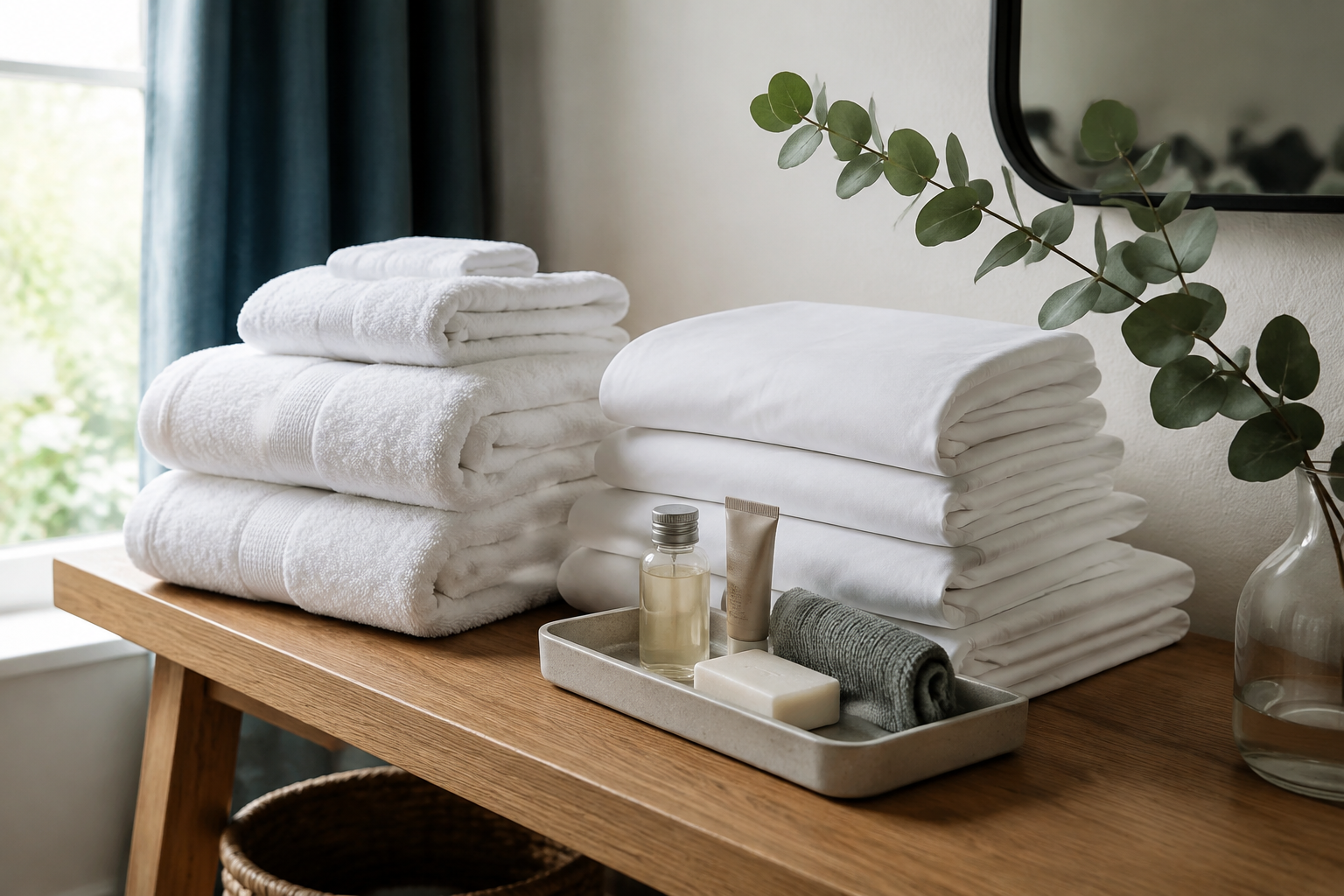 Folded white towels and pressed sheets stacked beside amenities on a wood console
