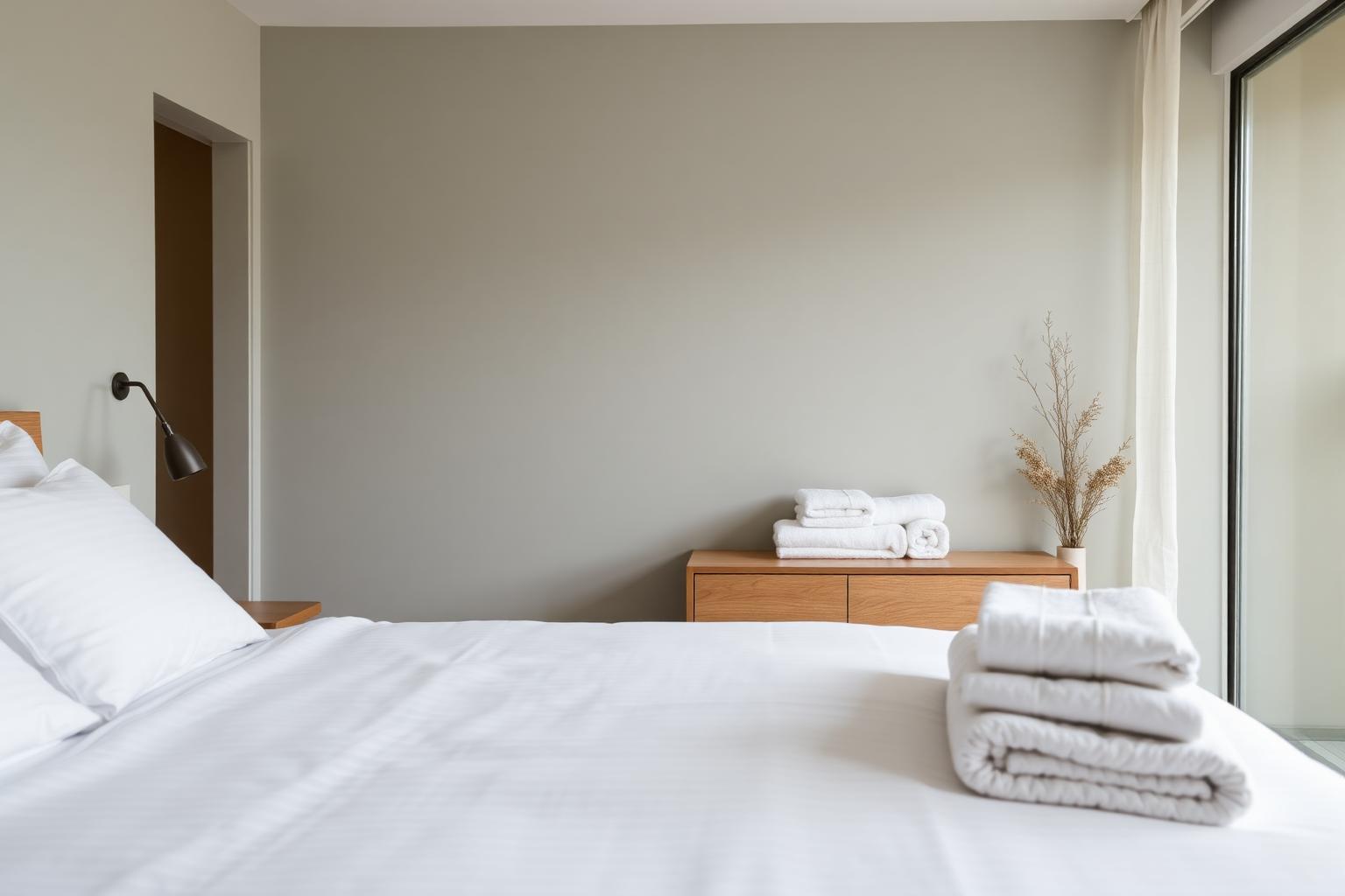 Crisp white linens neatly made on a rental bed